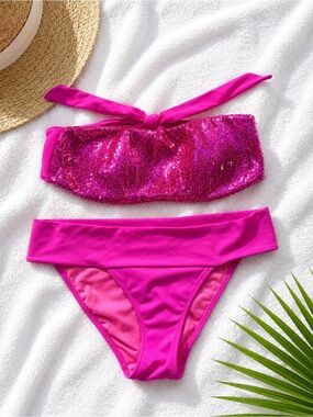 Victorias Secret Fuchsia Sequin Bandeau Bikini Set
